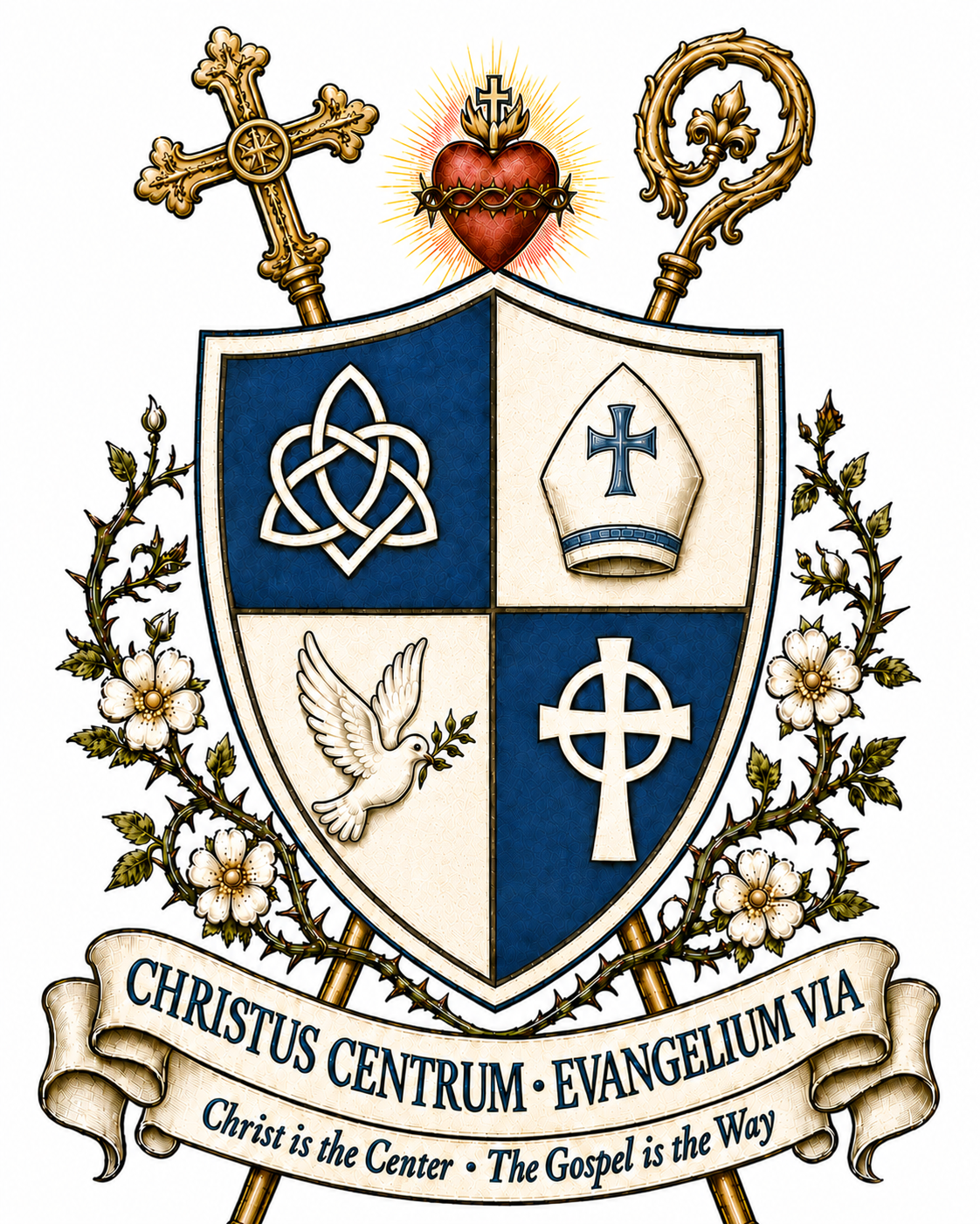 Coat of arms with four quarters: Celtic knot, bishop’s mitre, dove, and cross; heart with crown above; decorative floral crest and motto ribbon.