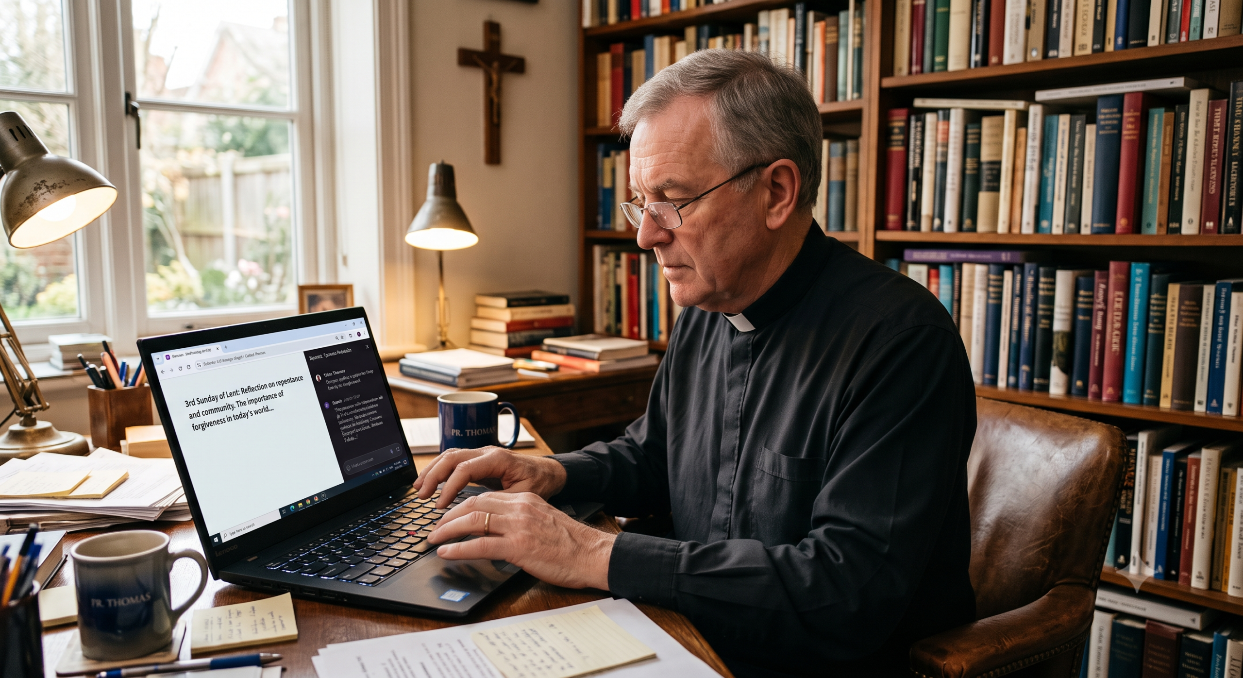 Catholic priest in a black clerical shirt typing on a laptop at a wooden desk, with a crucifix on the wall and tall bookshelves in the background.